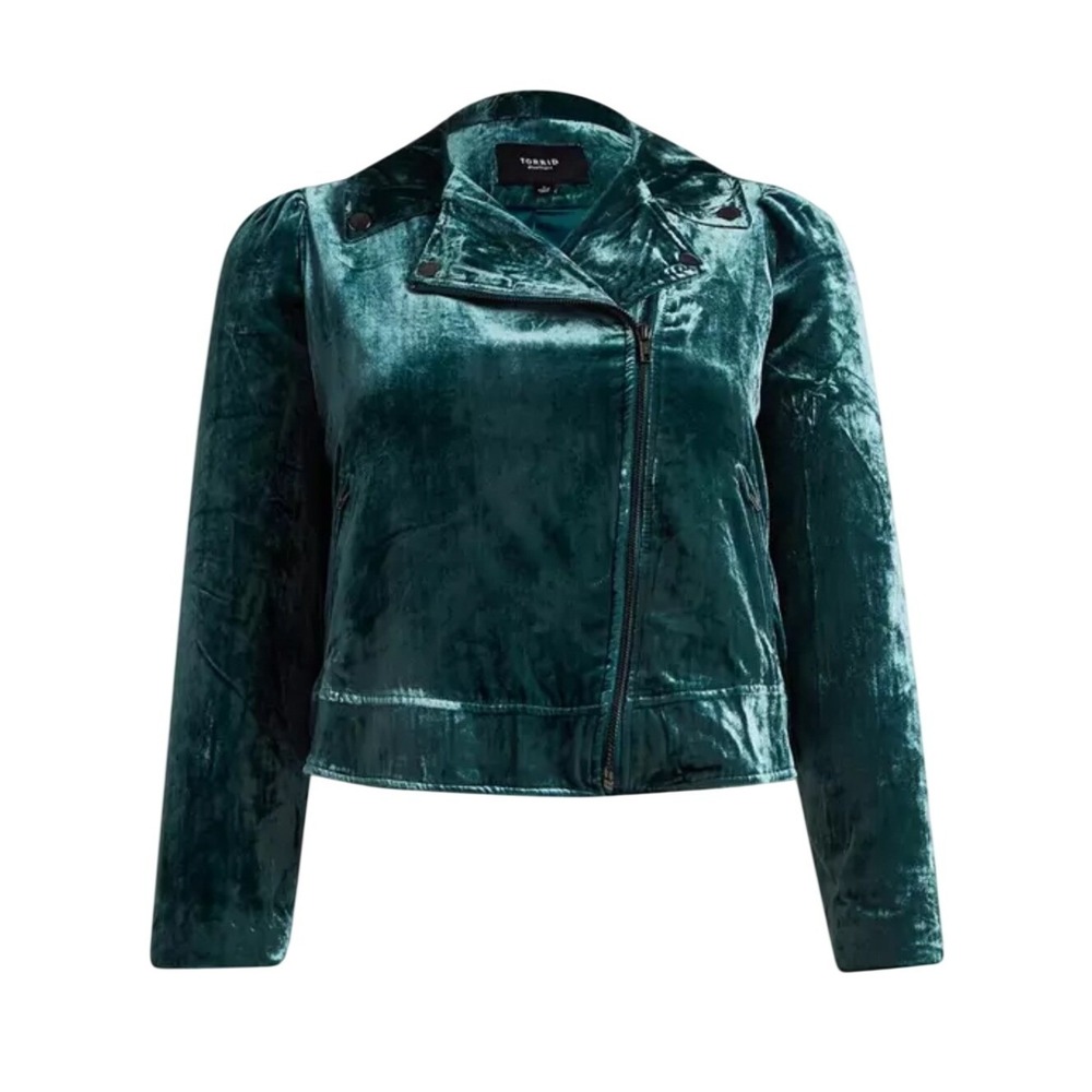 Torrid Jacket Womens 2 Moto Teal Green Velvet Asymmetrical Zip New